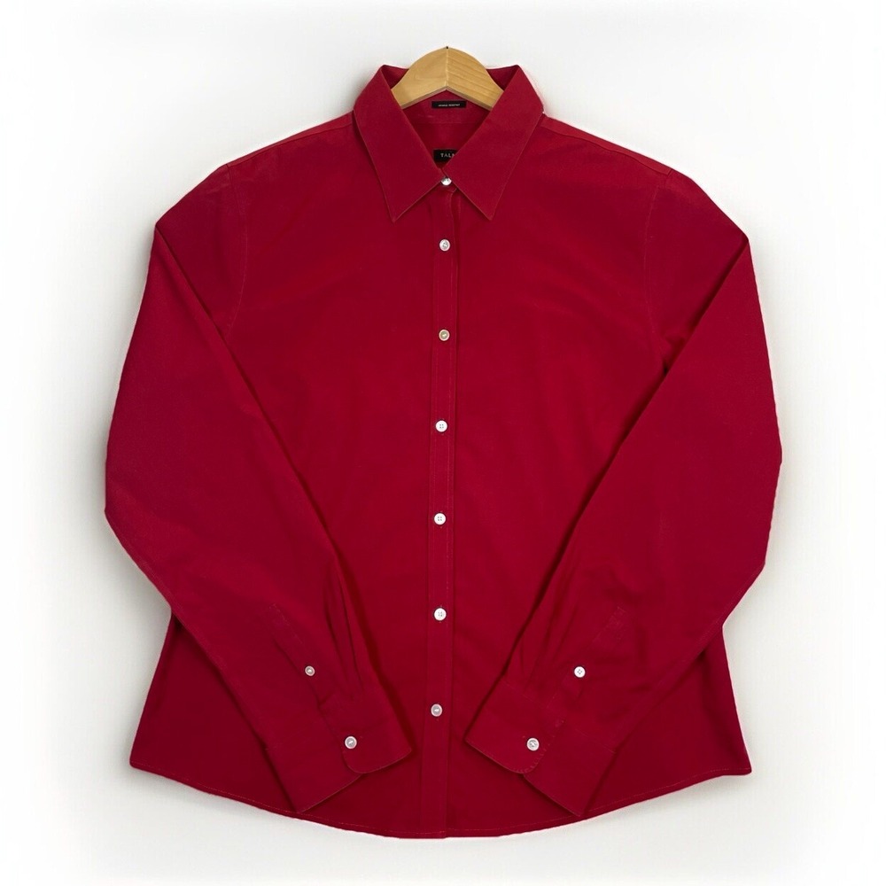 Talbots Button Up Blouse Long Sleeve Wrinkle Resistant Red Women's 14 Holidays